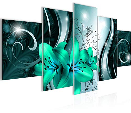 Runa Art - Bilder Blumen Lilien 200 x 100 cm 5 Teilig XXL Wanddekoration Design Grün Schwarz 208451b