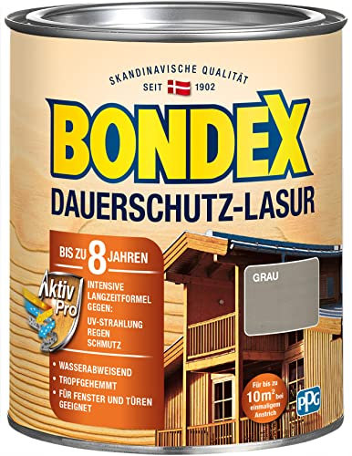 Bondex Dauerschutz Lasur Grau 0,75 L für 10 m² | Hoher Wetter- und UV-Schutz bis zu 8 Jahre | Tropfgehemmt | Natürliches Abwittern - kein Abplatzen | Dauerschutzlasur| Holzlasur