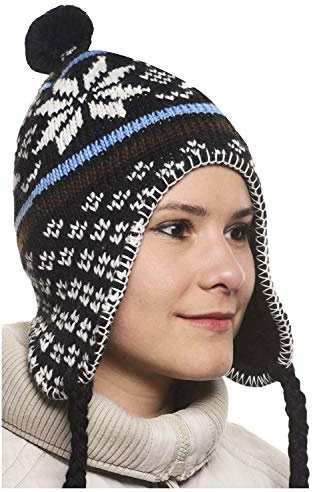 Peruanische Mütze Chullo Ch'ullu mit Bommel, Unisex, Herren/Damen, Farben zur Auswahl, Schwarz , One size