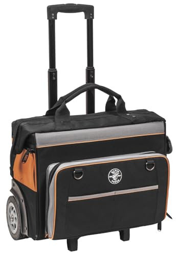 Rolling Tool Bag, Water Resistant Tool Storage Organizer Rolls on Rugged 15-cm Wheels, 24 Pockets, Load Tested to 90 kg, Klein Tools 55452RTB,Black/Orange