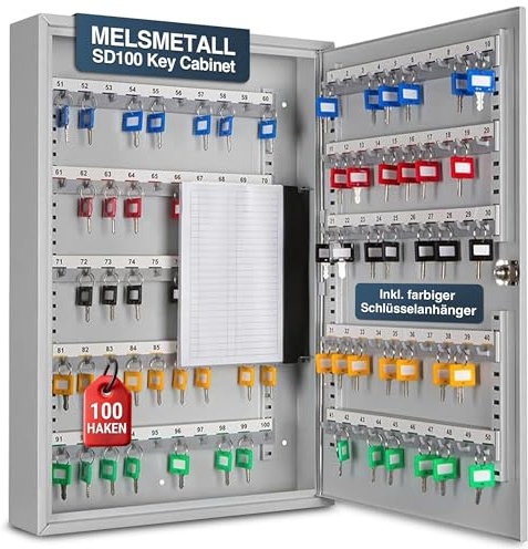 Melsmetall Schlüsselkasten SD100 – Schlüsselschrank mit 100 Haken, robuste Schlüsselbox aus Stahl, abschließbarer Safe, magnetische Außenseite, höhenverstellbare Leisten, Wandmontage (55x38x8cm)