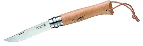 Opinel 1321 Taschenmesser Nr. 8 mit Lederriemen, Natur, 254194, Buchenholz Braun
