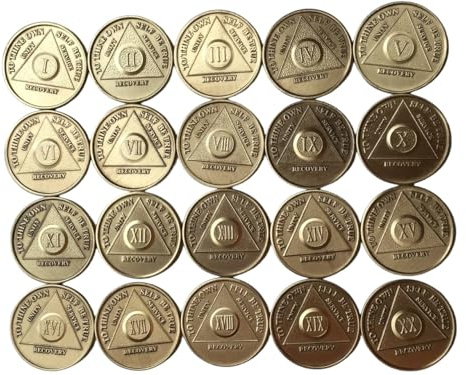 wendells Bulk Lot of 20 AA Alcoholics Anonymous Medallions Chips Years 1 - 20 Bronze Medallion Sobriety Chip Set Serenity Prayer