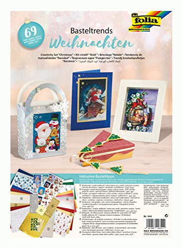 folia 944 - Weihnachtliche Basteltrends, 69 Teile - Kreativset für Kinder und Erwachsene mit verschiedenen Trendmaterialien