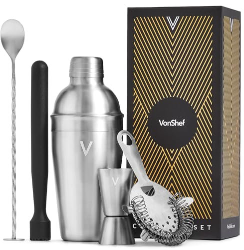 VonShef Cocktail Shaker Set, Silver 5pc Set with 550ml Manhattan Cocktail Shaker, Professional Bartender Set for Home Bar, Including Strainer, Muddler & Other Bar Accessories, Gift Box Included