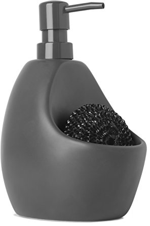 Umbra Joey Dispensador de Jabón con Esponja, Cerámica Mate, Gris carbón | Multiusos cocina y baño, organizador integrado, capacidad de 750 ml