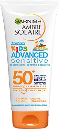 Garnier Ambre Solaire Latte Protettivo IP 50+ Advanced Sensitive Kids, Protezione Molto Alta, Multi-Resistenza, 200 ml