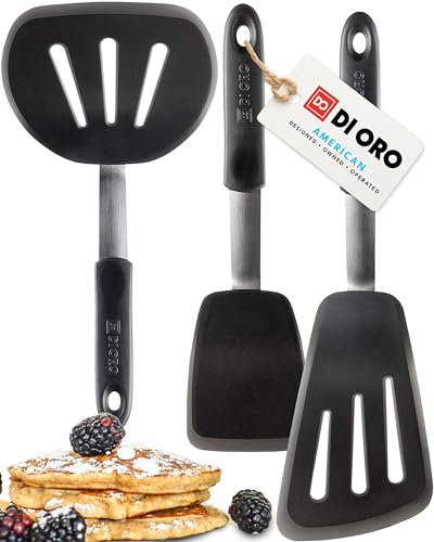 DI ORO® - Serie Chef - Set di spatole in silicone e acciaio inossidabile - Flessibili e resistenti al calore fino a 315°C - Le migliori palette da cucina - Perfette per uova e fritelle