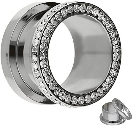 Treuheld® | DOPPEL-KRISTALL Flesh Tunnel - 2 klare Kristall-Reihen - 9 Größen: 3-16mm - Silber - schraubbar - Piercing Ohr Tunnel aus silbernem Chirurgenstahl 316L (nickelfreier Edelstahl) - Stahl