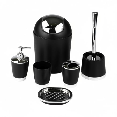 6tlg Badset Badezimmer Zubehör Set Organizer: Seifenspender, Zahnputzbecher, Kosmetikeimer, WC Bürste und Halter, Seifenschale, Mülleimer, Zahnbürstenhalter, Badgarnitur (Schwarz Design 1)