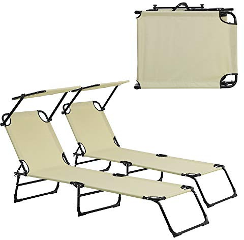 casa.pro Sonnenliege Lomeda 2er Set Liegestuhl klappbar Relaxliege Strandliege bis 110 kg 187 x 53 x 27 cm Gartenliege mit Sonnenschutz Rückenlehne verstellbar Stahlgestell Beige