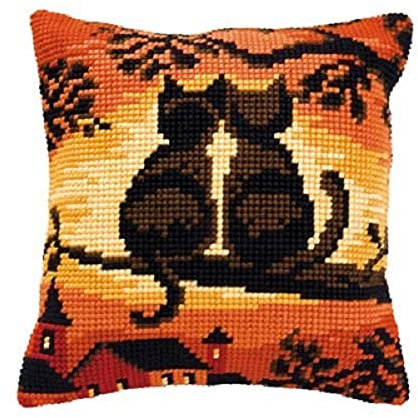 Vervaco Kreuzstich Stickpackungen Kissen Stickerei Set Anfänger Vorgedruckt Katzen am Zweig DIY Set Kreativ Set Für Erwachsene Dekoratives Kissen ca. 40 x 40 cm Bastelset Handwerker Haus Dekoration