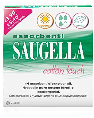 Saugella Assorbenti Cotton Touch Giorno, 14 Assorbenti Cotone Giorno con Ali, Azione Antibatterica, Antiodore e Lenitiva