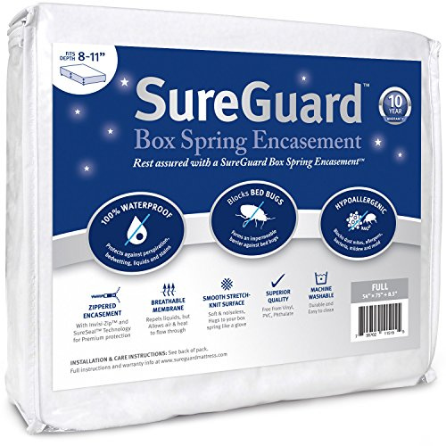 SureGuard Full Size Box Spring Encasement - 100% Waterproof, Bed Bug Proof, Hypoallergenic - Premium Zippered Six-Sided Cover