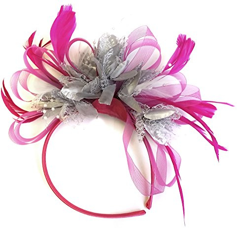 Caprilite Fuchsia Hot Pink and Silver Feather Hair Fascinator Headband Wedding and Royal Ascot Races Ladies