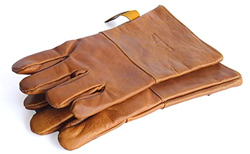 Alpenleder Grillhandschuhe ALPENGLÜHEN – Echt Leder Grill Handschuhe – Feuerfeste Grillhandschuhe mit Unterarmschutz und hitzebeständig Innenfutter – auch als Schweißerhandschuhe verwendbar (Cognac)