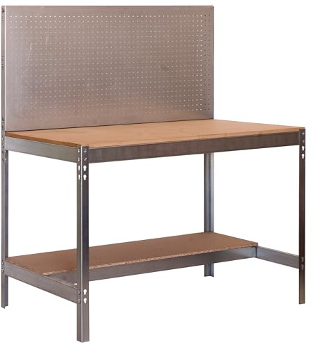 SimonRack Etabli d’Atelier, Capacité de Charge 600 kg, 1445x1510x610 mm, Panneau Perforé, Table de Travail Bricolage, Galvanisé/Bois - BT2