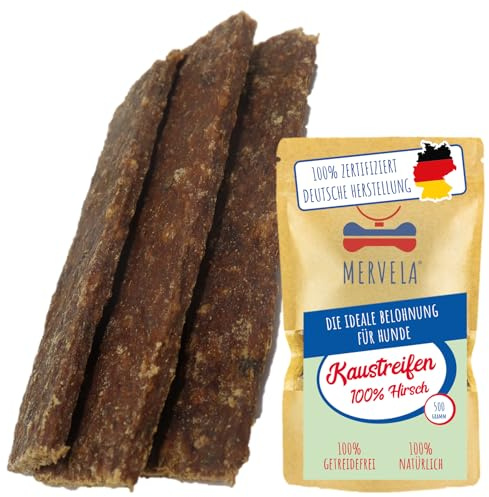 MERVELA® Hirsch Fleischstreifen | 500 Gramm [Qualität aus Deutschland] für Allergiker Hunde | Belohnung | Trainingssnack | getreidefrei | Hundesnack