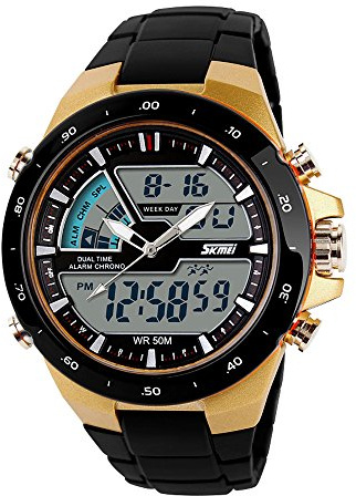 SKMEI - hombre reloj deportivo digital con LED luz de fondo grande cara resistente al agua militar relojes casuales luminoso cronómetro alarma reloj simple militar – dorado