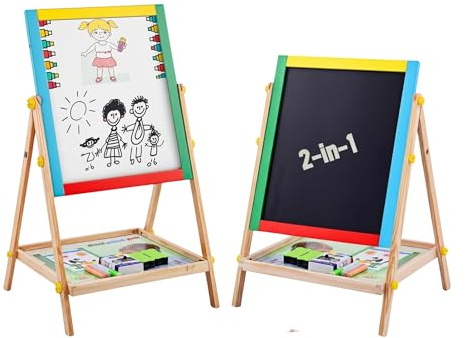 FB FunkyBuys 69cm Kids Easel Double Sided with Magnetic Whiteboard & Chalk Board for Kids, 54pc Magnetic Letters and Numbers for Children, Coloured Chalk, Dry Erase Marker & Whiteboard Eraser Sponge