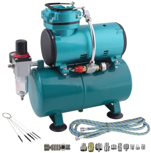 Profi-Airbrush Kompressor Set Universal Basis-Kit | Ölfreier Kolbenkompressor 150W mit Lufttank | Inkl. 1,8m Gewebeschlauch, Schnellkupplung & 10-teiliges Adapter-Set | 20-25 l/min | 47dB Leise