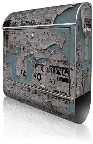 banjado Design Briefkasten 38,5x46,5x13cm & 2 Schlüssel - Briefkasten Stahl Silber mit Zeitungsfach pulverbeschichtet - Postkasten A4 Einwurf inkl. Montagematerial - Motiv Wand mit Zeitungen