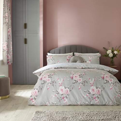 Catherine Lansfield Bedding Canterbury Floral Single Duvet Cover Set with Pillowcase Grey