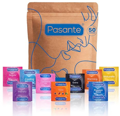 Pasante Condoms Variety Pack - Mix of 50 | The Mixed Pack Contains: Flavoured, Ribbed, Thin, Extra and More Condoms