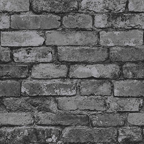 Fine Decor FD31284 Rustic Brick Wallpaper, Silver/Black