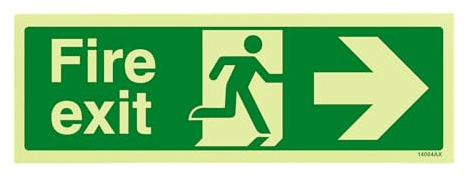 V Safety Glow In The Dark Fire Exit Arrow Right Sign - 300mm x 100mm - Rigid Plastic