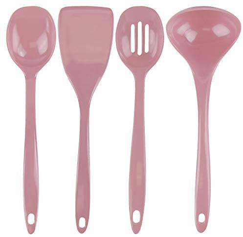 Reston Lloyd 100% Melamine Kitchen Utensil Set, Non Scratching Ladle, Spoon, Slotted Spoon & Spatula, Easy To Hold, Set of 4, Pink