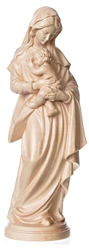 Holyart Estatua Virgen con niño de Madera Natural de la Val Gardena, Acabado con Cera Transparente, 16 cm (6.3 Inc.)