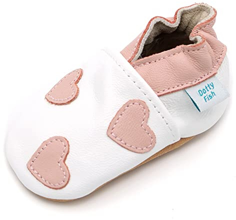 Dotty Fish Scarpe in Pelle Morbide per Bambini e Toddler – Piedi Nudi, Antiscivolo, Leggere e Flessibili, Caviglie Elastiche – Unisex Bambini e Bambine – Bianco con Cuori Rosa 12-18 Mesi