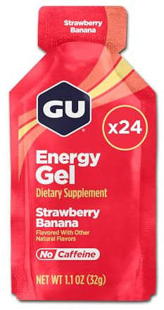 GU Original Energy Gels, Strawberry Banana 24 Pack - 100 Calorie Energy Gel with Carbohydrates, BCAAs and Electrolytes - Pre-Workout Fuel for Running, Cycling, Triathlon and Endurance Sports