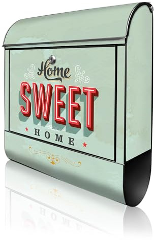 banjado Design Briefkasten 38,5x46,5x13cm & 2 Schlüssel - Briefkasten Stahl Schwarz mit Zeitungsfach pulverbeschichtet - Postkasten A4 Einwurf inkl. Montagematerial - Motiv Home Sweet Home