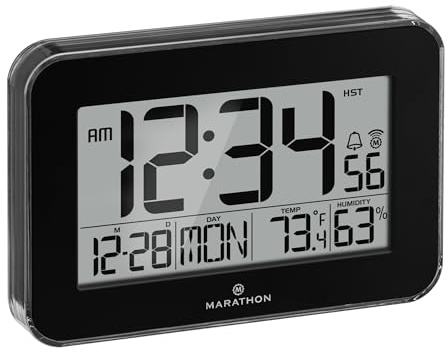 Marathon Atomwanduhr mit Kristallrahmen, schwarz, großes 19,1 cm großes Display, AM/PM oder 24-Stunden-Zeitformat, acht Zeitzonen, Innentemperatur und Luftfeuchtigkeit, Zwei AA-Batterien im