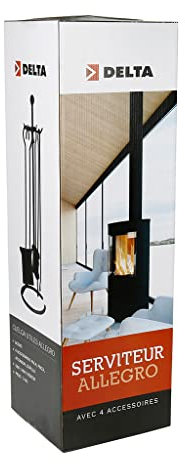 RUECAB - Serviteur de cheminée, serviteur bois cheminée - Support + 4 accessoires : pelle, tisonnier, balai et pince - En Acier - Hauteur: 68cm - Poids: 3kg - Idéal pour l'entretien de votre cheminée