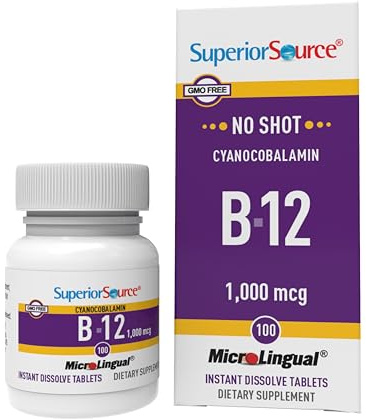 Superior Source No Shot Vitamin B-12 Cyanocobalamin 1000 mcg - Vitamin B-12 to Support Energy Production, Brain Health & Overall Wellness - Sublingual Tablets - 100 Dissolvable Tablets