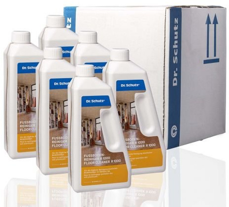 Dr. Schutz 6er-Set Fußbodenreiniger R 1000 750 ml | streifenfreie Reinigung für PVC, CV, Linoleum, Kautschuk, Stein, Designboden und Parkett | Bodenreiniger | Vinyl Bodenreiniger