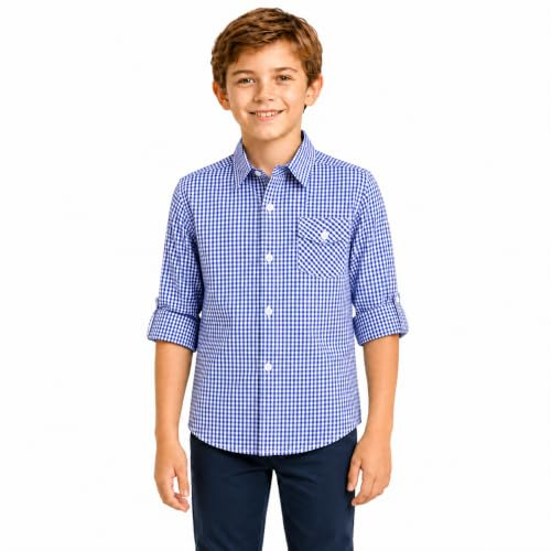 BIENZOE Karo Jungen Hemden: Fototag | 100% Baumwolle, Kragenhemd 4-13 Jahre, Fotos, Aufrollbare Ärmel, Brusttasche, Lässig, Pflegeleicht