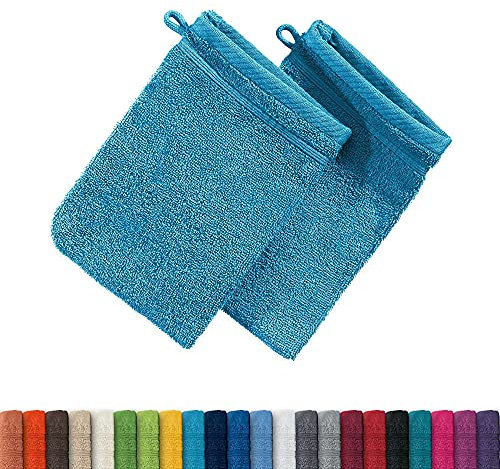 Erwin Müller Waschhandschuh Heidelberg 2er- Pack, 100% Baumwolle türkis Größe 15x21 cm - weiche Qualität, saugstark und strapazierfähig - praktisch durch Schlaufe (weitere Farben)