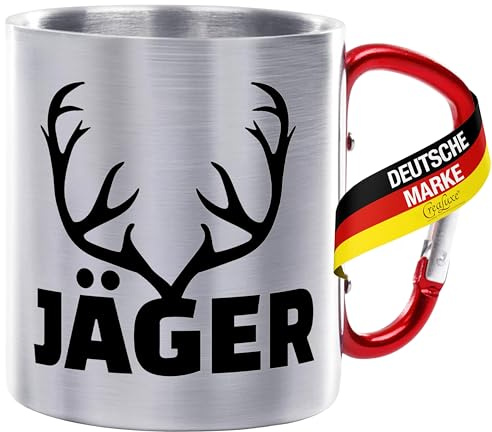 CreaLuxe Edelstahltasse mit Karabiner - Jäger - 330ml, Tasse bedruckt, Kaffeetasse, Bürotasse, Metalltasse, Jägerzubehör, Gravierte Tasse