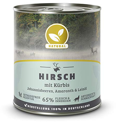 HUNDELAND NATURAL – Hirsch | Nassfutter mit natürlichen Zutaten und wertvollen Superfoods für ausgewachsene Hunde. Getreidefreies Alleinfutter ohne Zusatzstoffe in der Dose | 6x800g Hirsch