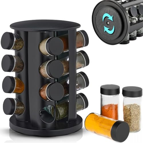EliteHoff Carrusel de Especias, Especiero Giratorio de Acero Inoxidable, Especiero Redondo Giratorio Negro, Juego de Tarros de Especias (16 Tarros)