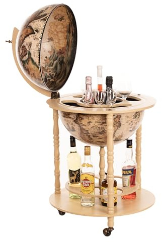45001Grand chariot de bar, en forme de globe terrestre, avec piliers en bois d'eucalyptus massif, blanc ivoire, ouvert, 112 cm de hauteur et 56 cm de largeur, déplaçable par roulettes, style ancien, idéal comme bar décoratif, bar de maison, bar à cocktail, table de bar