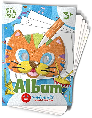 Sabbiarelli Sand-it For Fun – Album Mascarillas – 4 Láminas Adhesivas A5 para Sand Art con 4 Máscaras y Elásticos | ARENA DE COLORES NO INCLUIDA | Carnaval 3-5 años