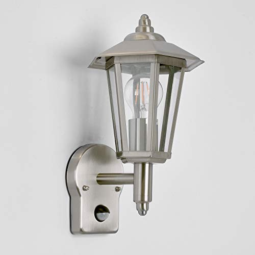 max K O M F O R T Klassische Außenwandleuchte 601A1 aus Edelstahl und Glas, E27 Fassung, IP44, mit Bewegungsmelder