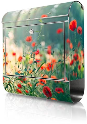banjado Briefkasten Edelstahl 38x43x12cm & 2 Schlüssel - rostfreier Edelstahl Briefkasten mit Zeitungsfach - Postkasten A4 Einwurf inkl. Montagematerial - Motiv Waldmohn