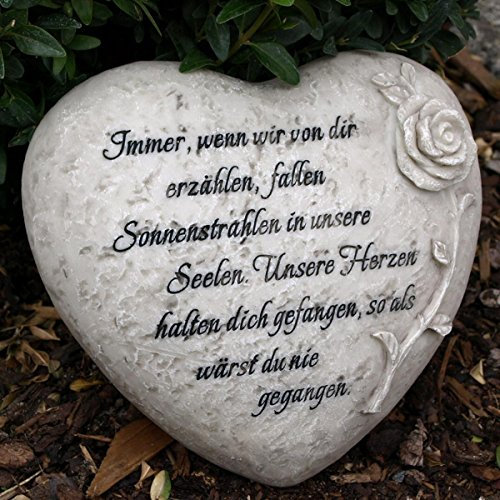 Immer wenn wir von dir erzählen, Fallen Sonnenstrahlen in unsere Seelen. Grabschmuck Trauerherz mit Trauerspruch. Durchmesser 18cm, Harz, für Hochzeit