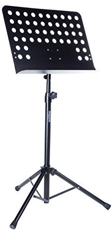 MUSIC STORE Orchesterpult, dreibeiniges Notenpult schwarz mit Lochblechauflage, höhenverstellbarer Ständer aus Stahl, Premium